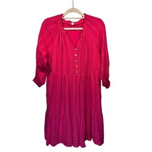 J.Jill Women's Pink Floral Print Tiered‎ Button Front 3/4 Sleeve Dress